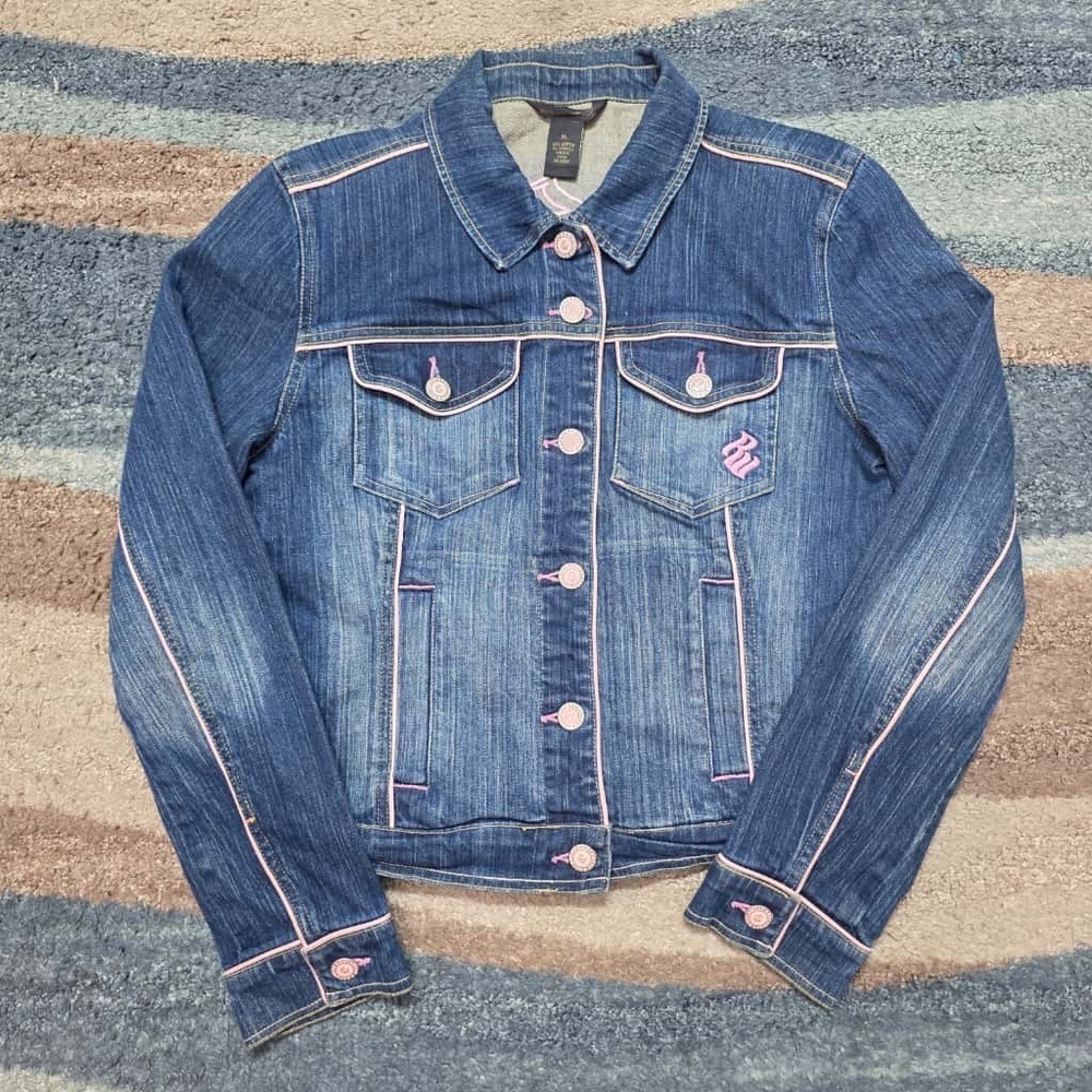 Rocawear Women’s Denim Jean Jacket Blue Pink Trim Y2K Style Size XL